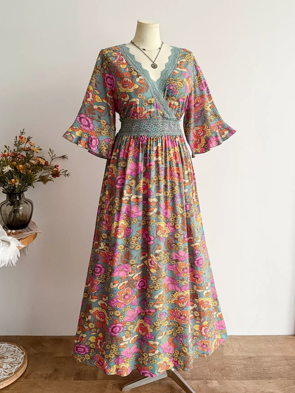 Lace Detail Floral Surplice Dress