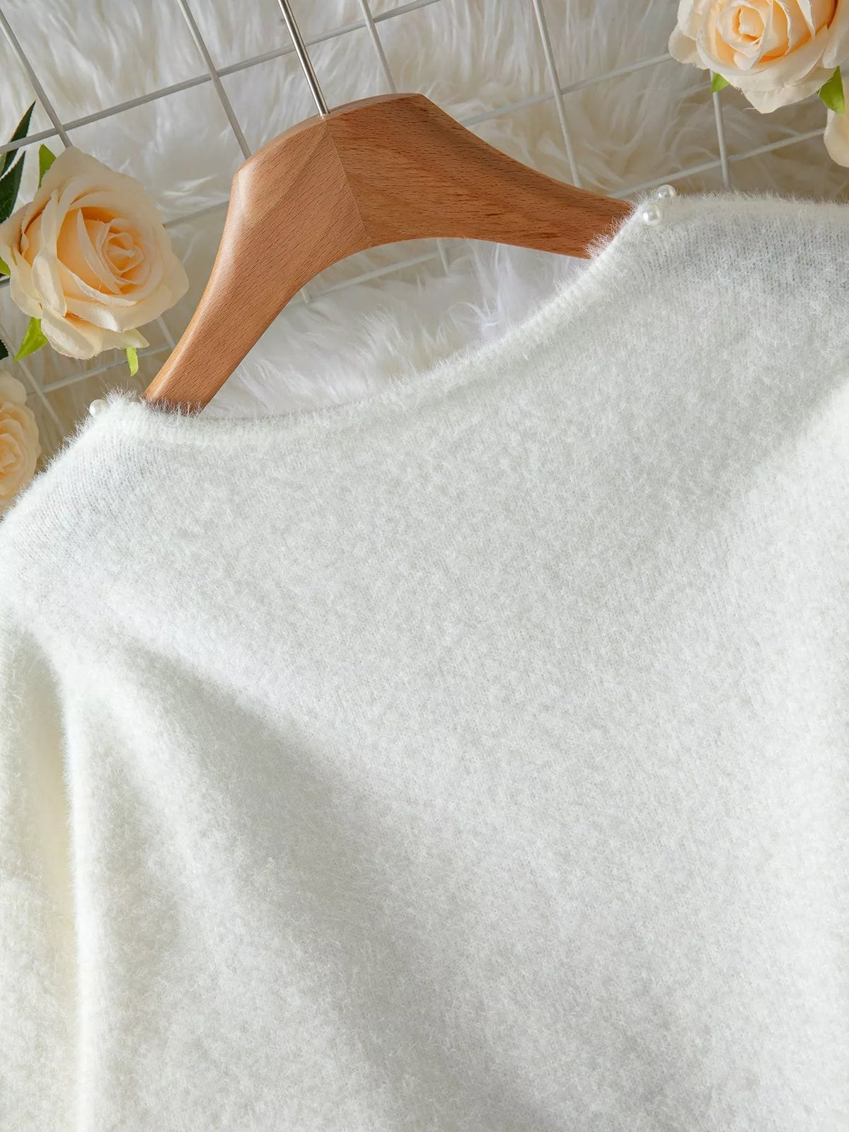 Pearl Trim Fuzzy Knit Cardigan
