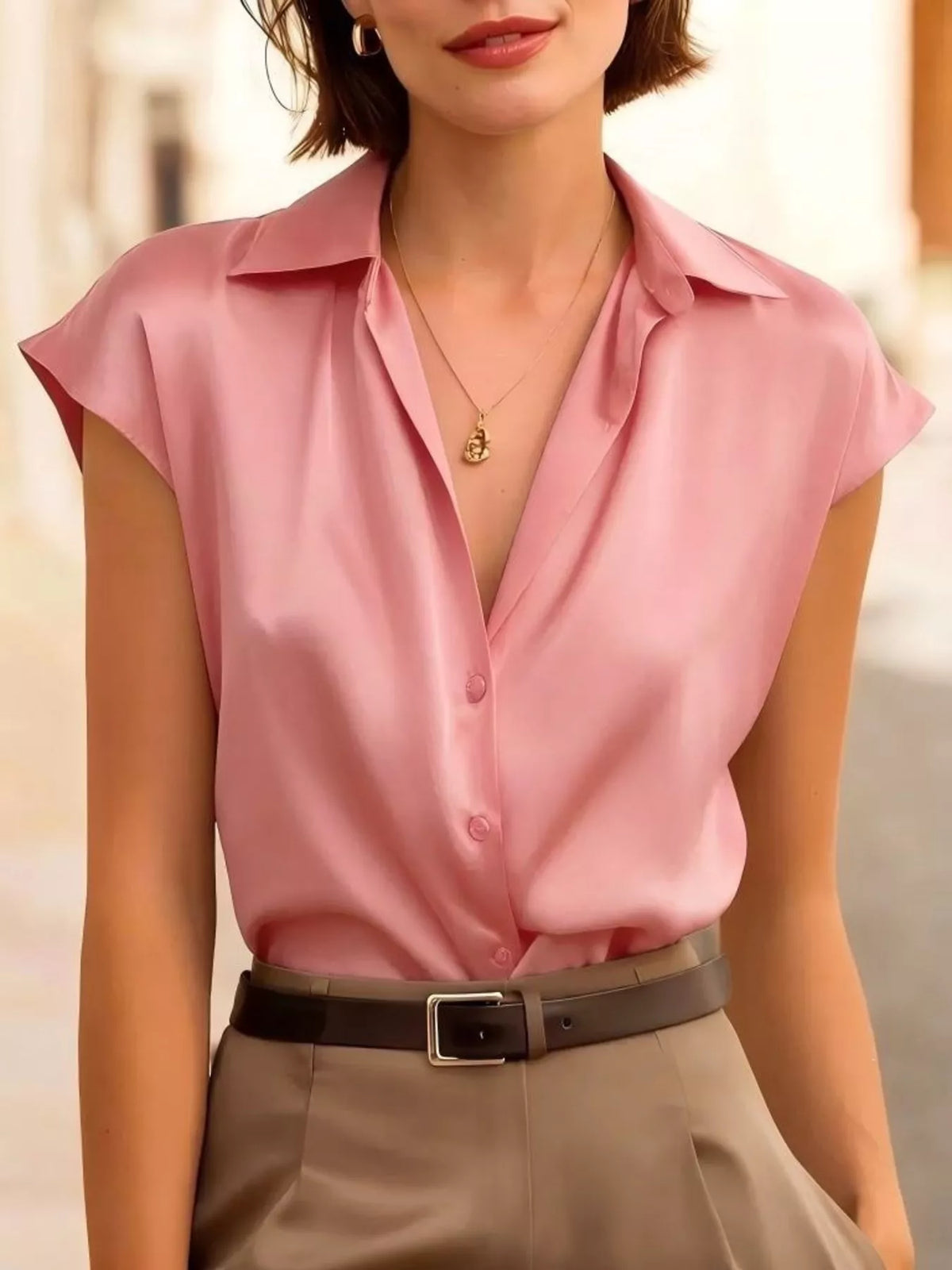 Full Size Button Up Cap Sleeve Shirt Plus Size