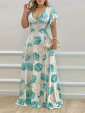 Floral Print V-Neck Maxi Dress with Flutter Sleeves