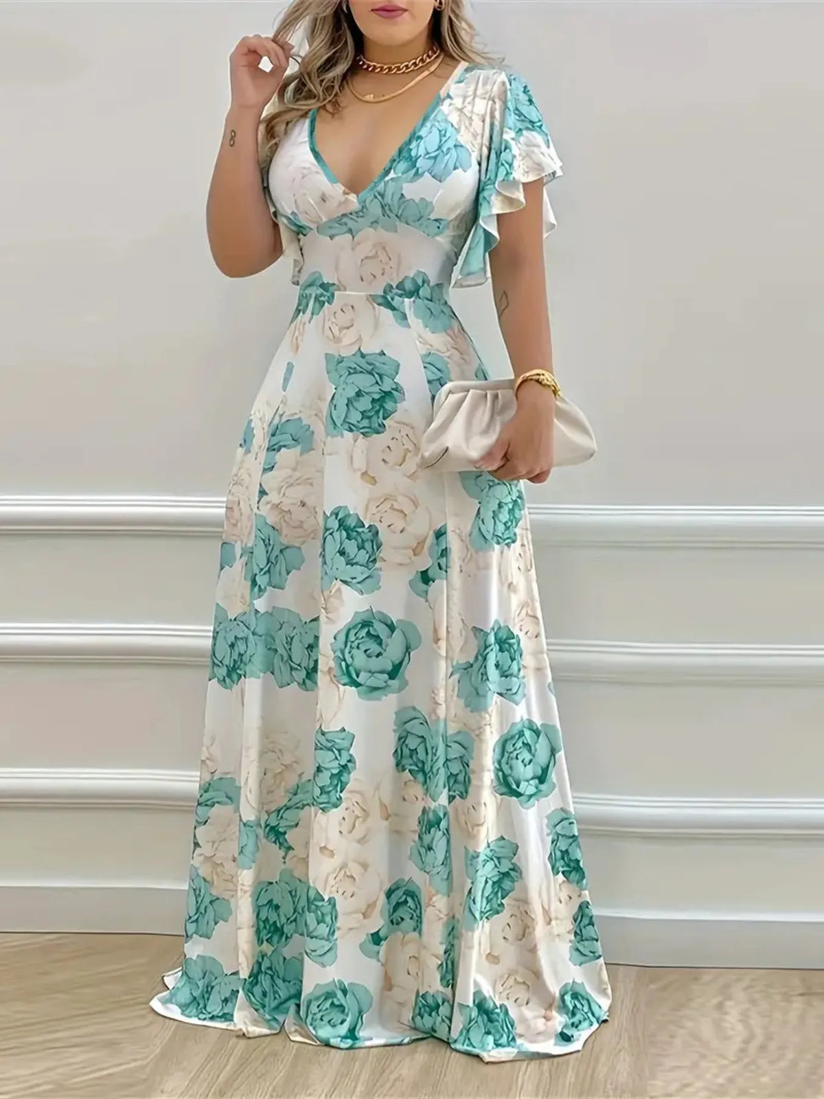 Floral Print V-Neck Maxi Dress with Flutter Sleeves
