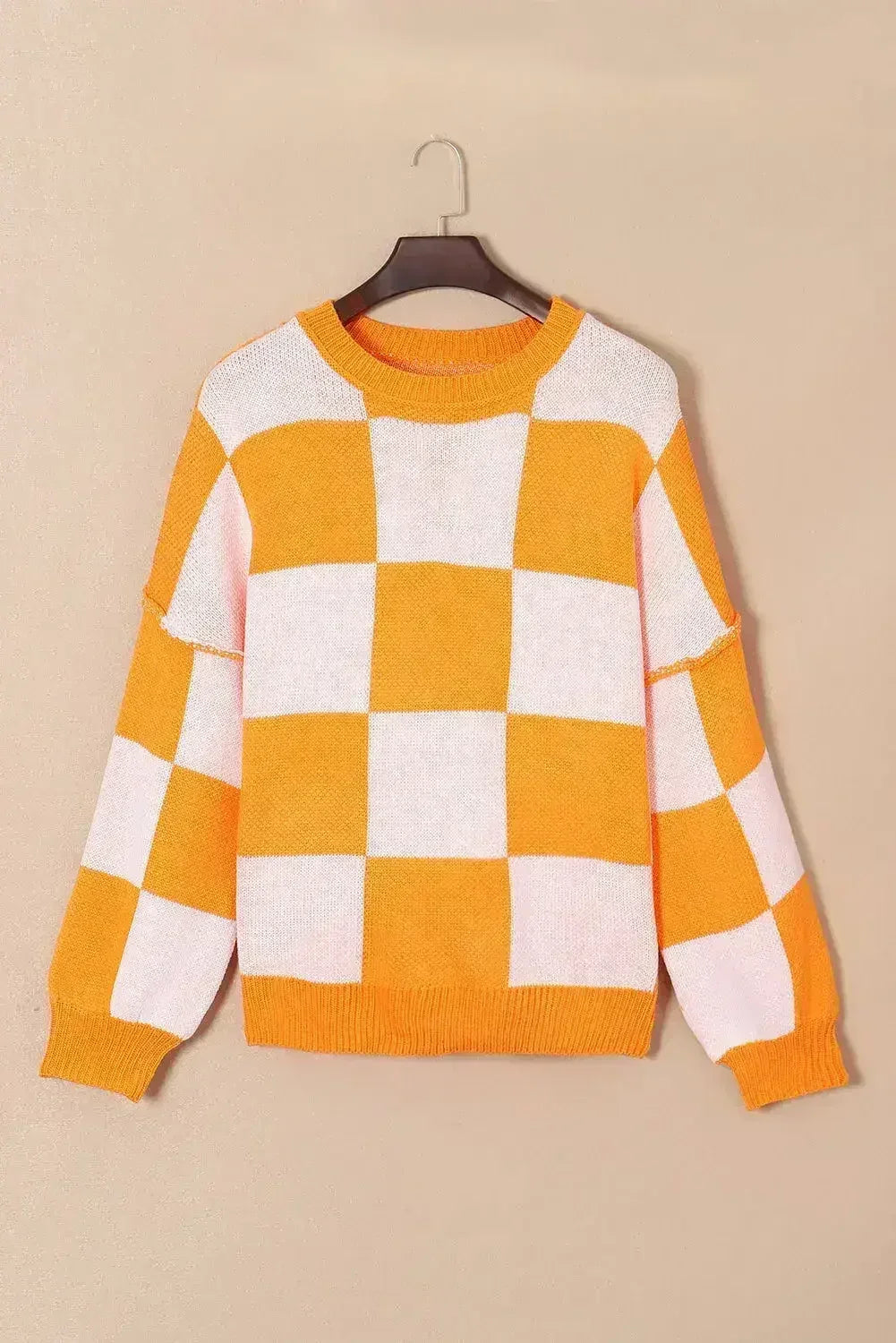 Orange Checkered Bishop Sleeve Sweater - Femstylo