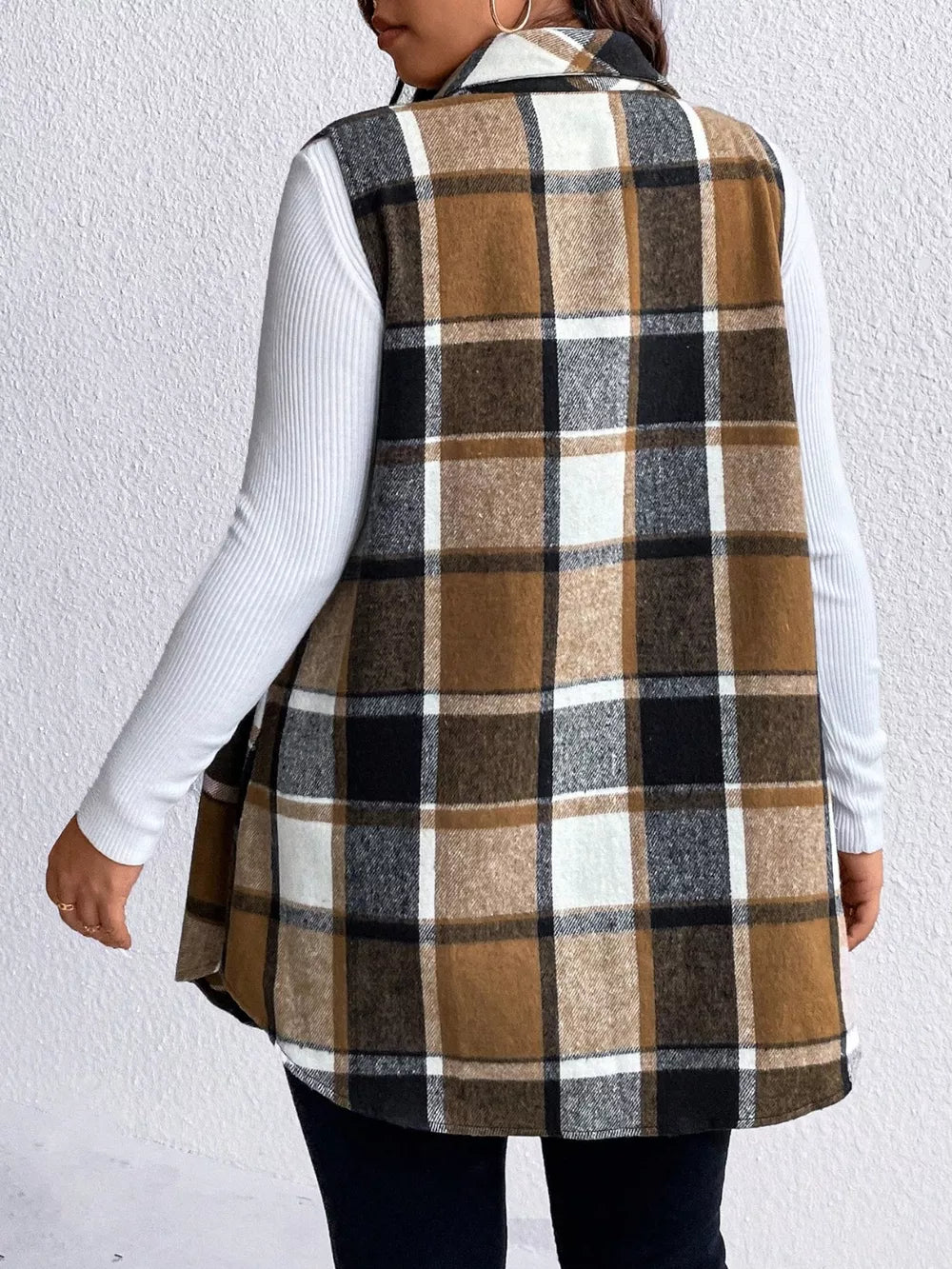 Pocketed Plaid Button Up Vest Coat