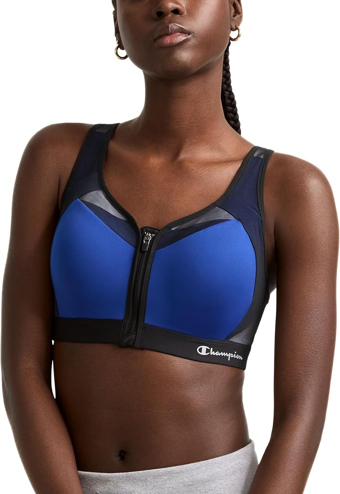 Champion Women's Sports Bra, Motion Control Front-Zip, High-Impact Maximum Support, Breathable, Moisture-Wicking, Surf The Web, 38D