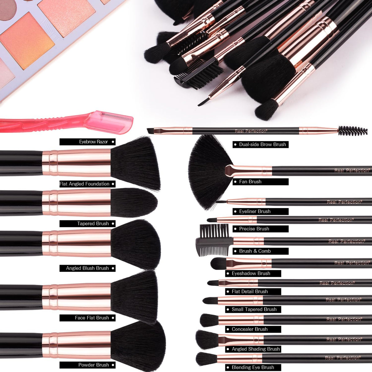 Real Perfection Makeup Brush Set 16 Pcs with 1 Eyebrow Razor Premium Synthetic Foundation Powder Concealers Eyeshadow Blush Makeup Brushes Make up Brushes Kit (Pink)