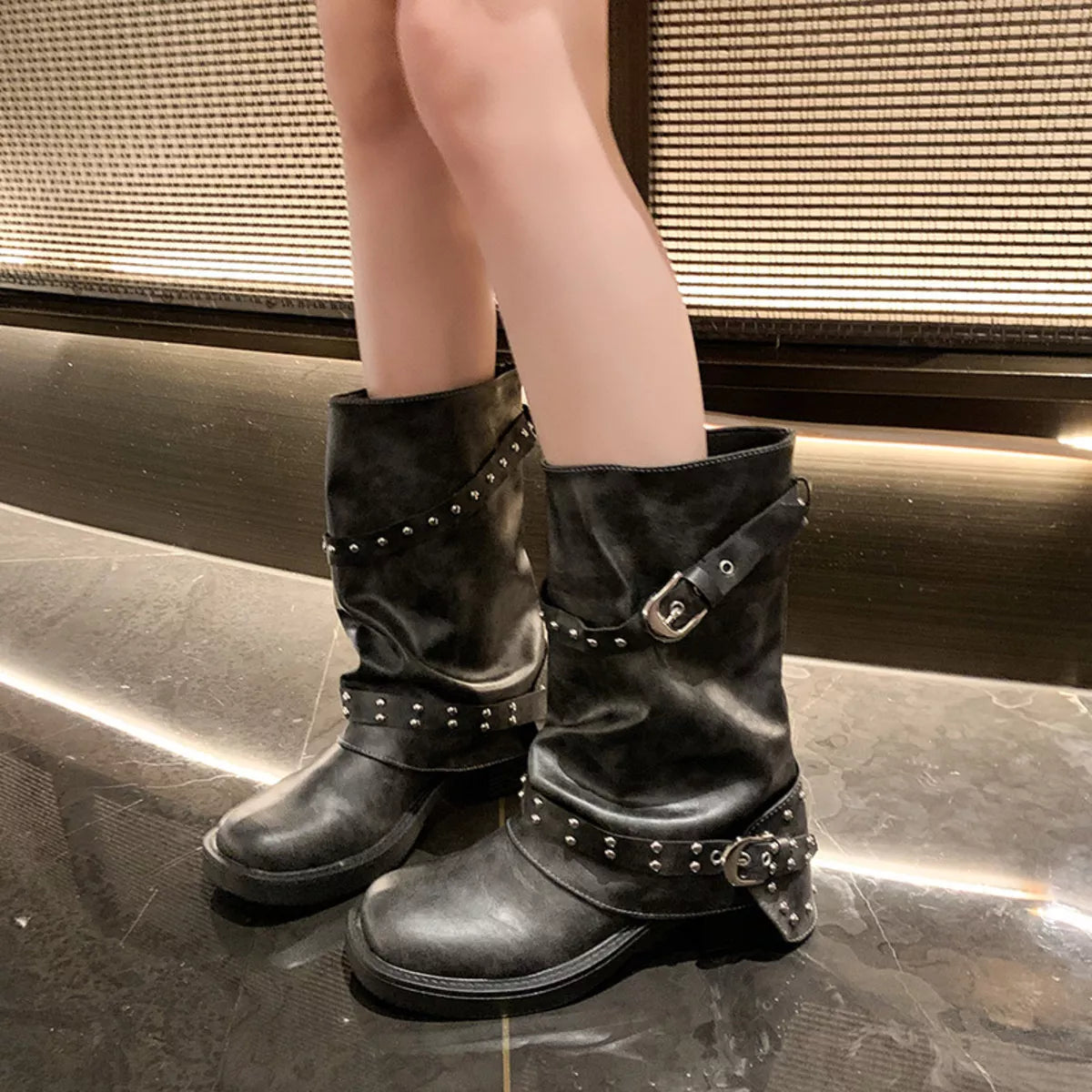 Round Toe Block Heels Boots