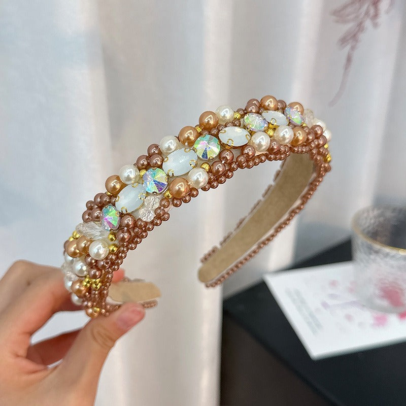 New handmade beaded crystal pearl retro exaggerated internet celebrity hot selling thin edge hair accessories