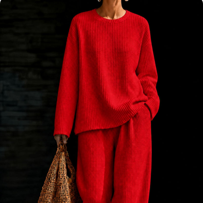 Women's Waffle Knit Oversized Crew-Neck Pullover & Relaxed Wide-Leg Trouser Lounge Co-ord Set