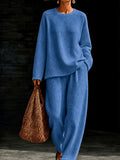 Women's Waffle Knit Oversized Crew-Neck Pullover & Relaxed Wide-Leg Trouser Lounge Co-ord Set