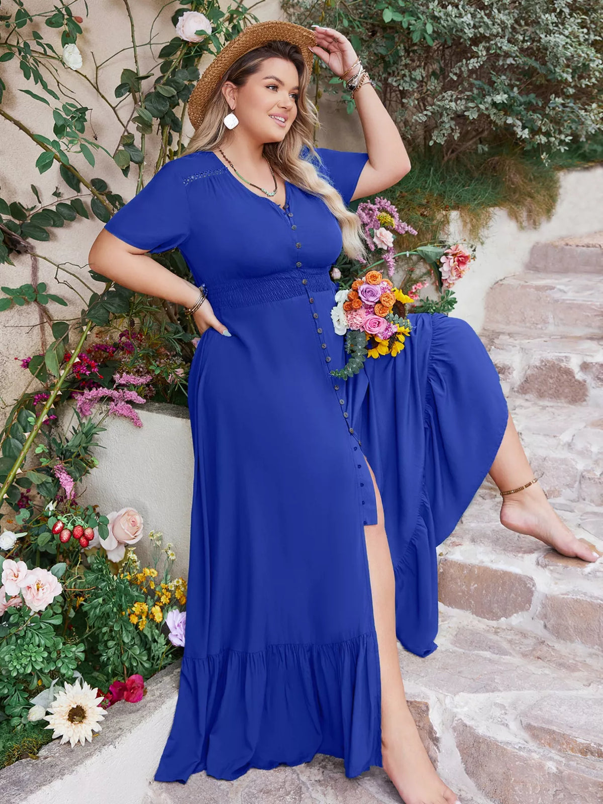 Ruffled Hem V-Neck Maxi Dress