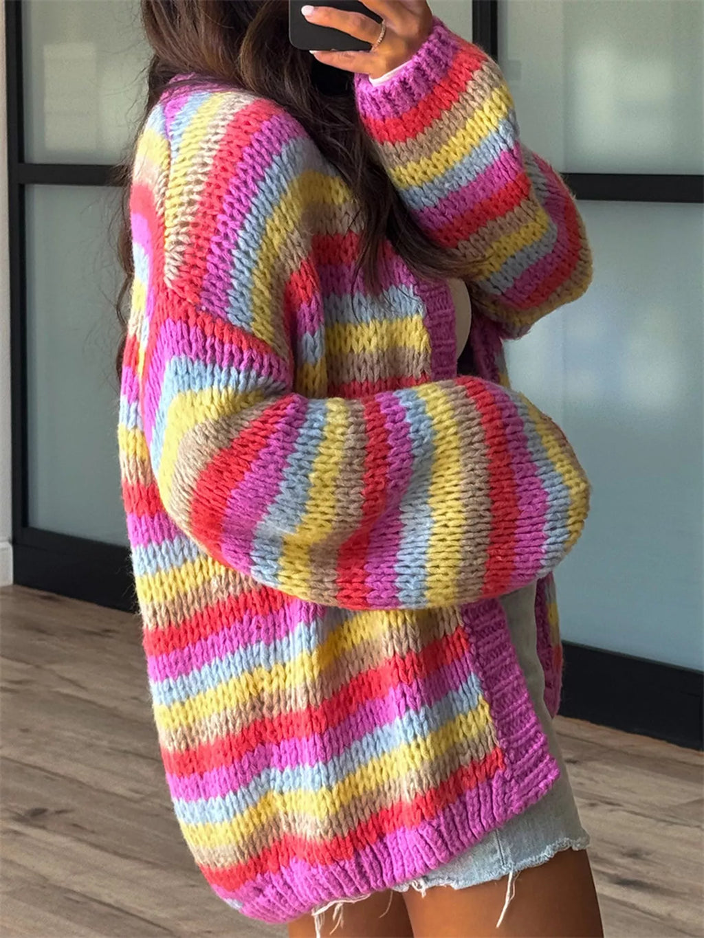 Multi-Color Striped Chunky Knit Open-Front Cardigan