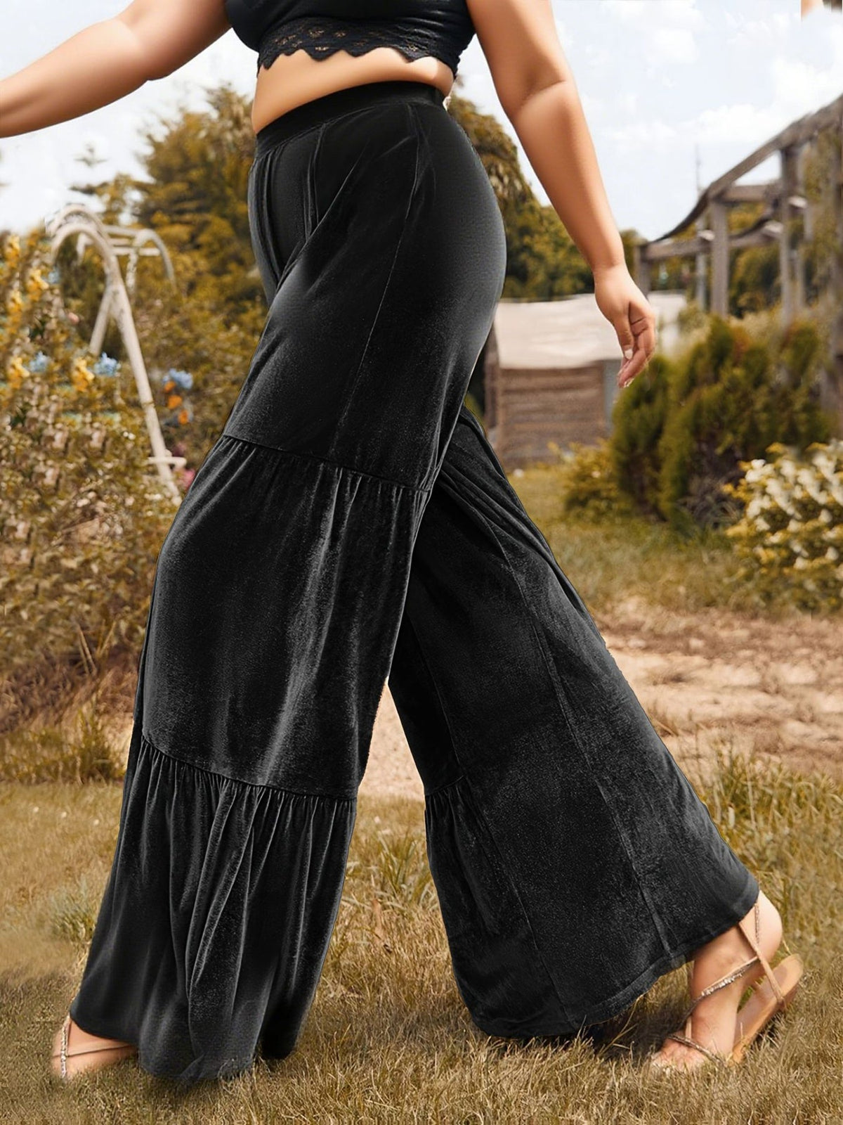 Velvet Ruffle Hem Wide Leg Pants