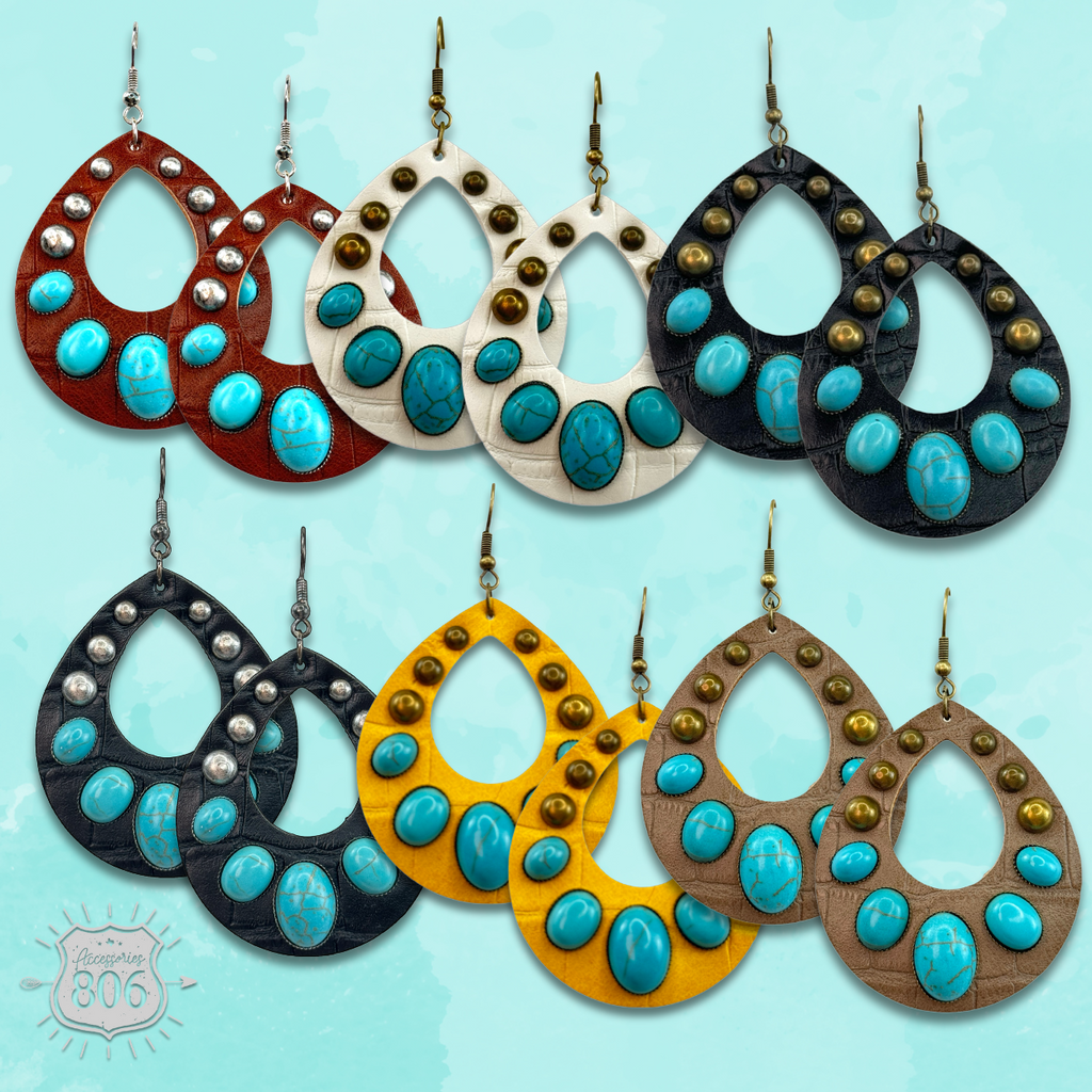 Leather and stone teardrop earring, last call