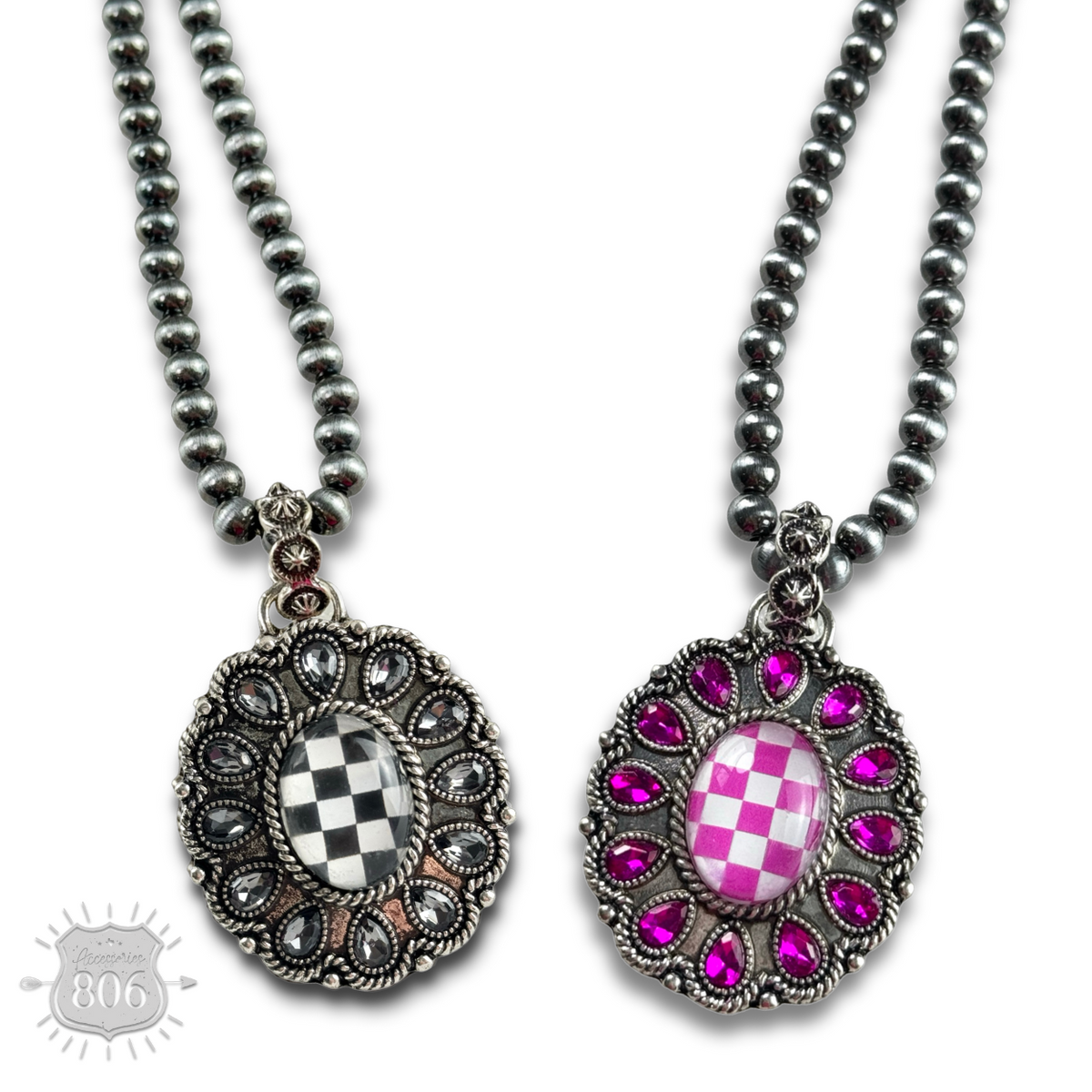 Western oval rhinestone pendant on burnished silver bead necklace