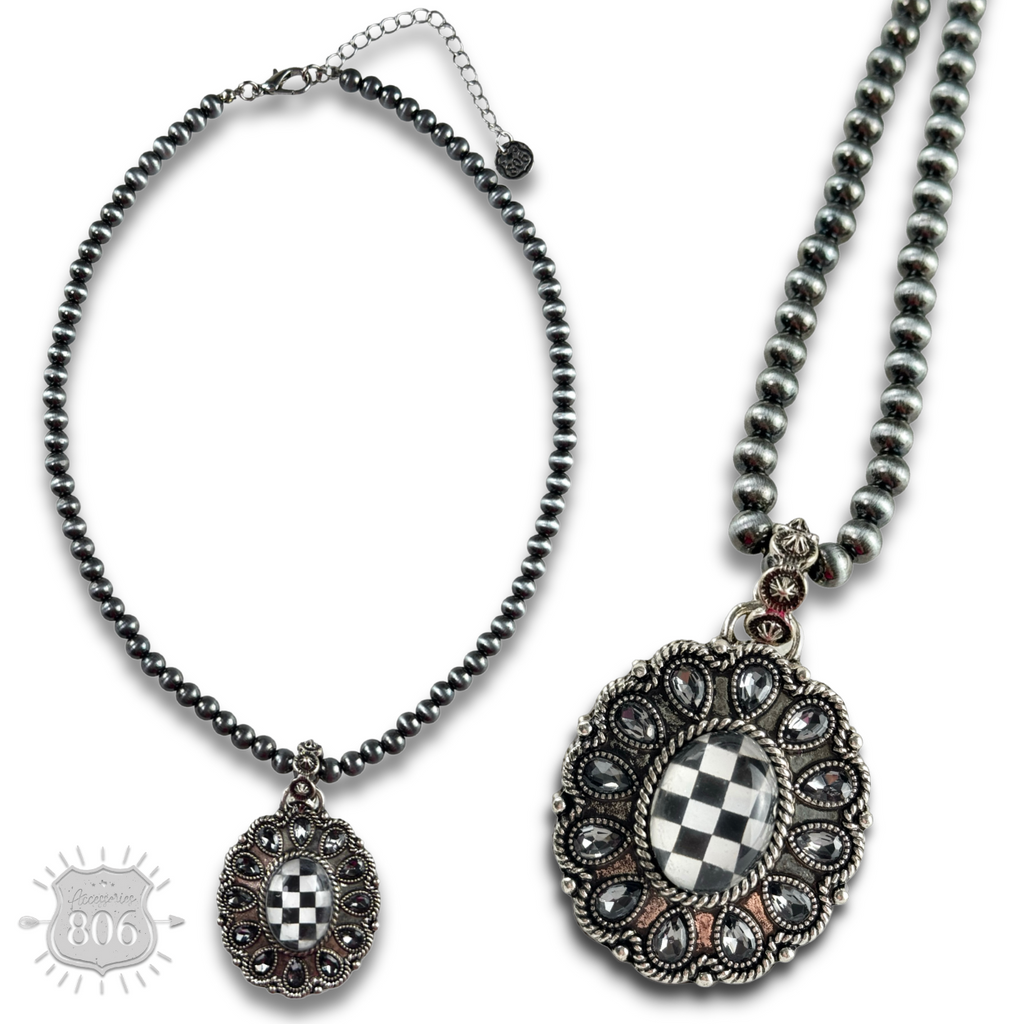 Western oval rhinestone pendant on burnished silver bead necklace