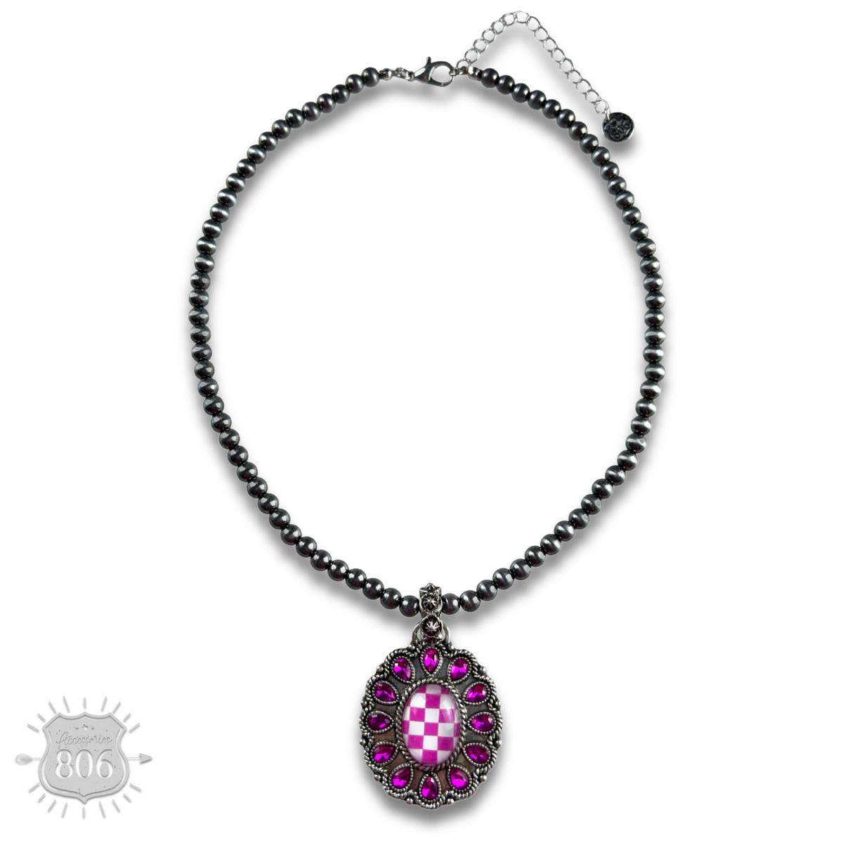 Western oval rhinestone pendant on burnished silver bead necklace