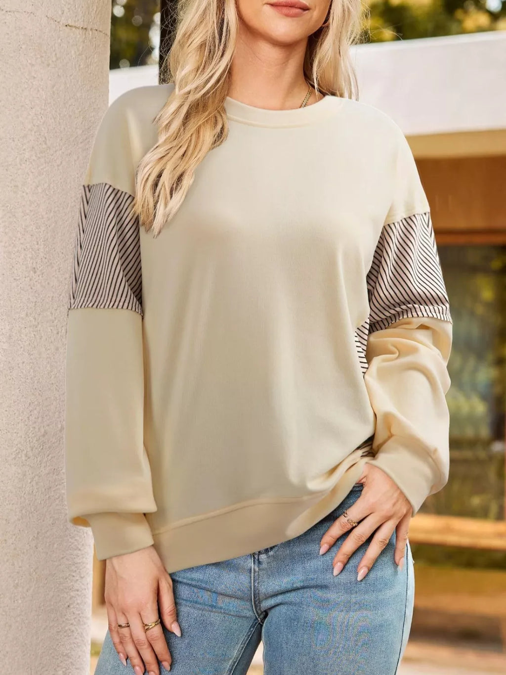 Color Block Striped Sleeve Casual Sweatshirt