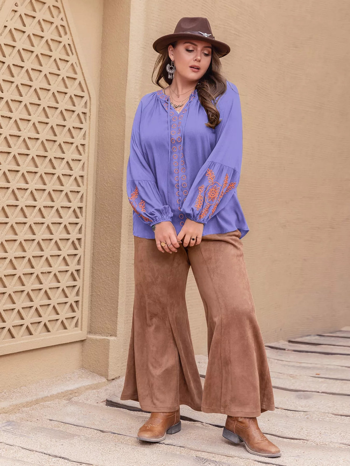 Plus Size Boho Embroidered Long Sleeve Blouse