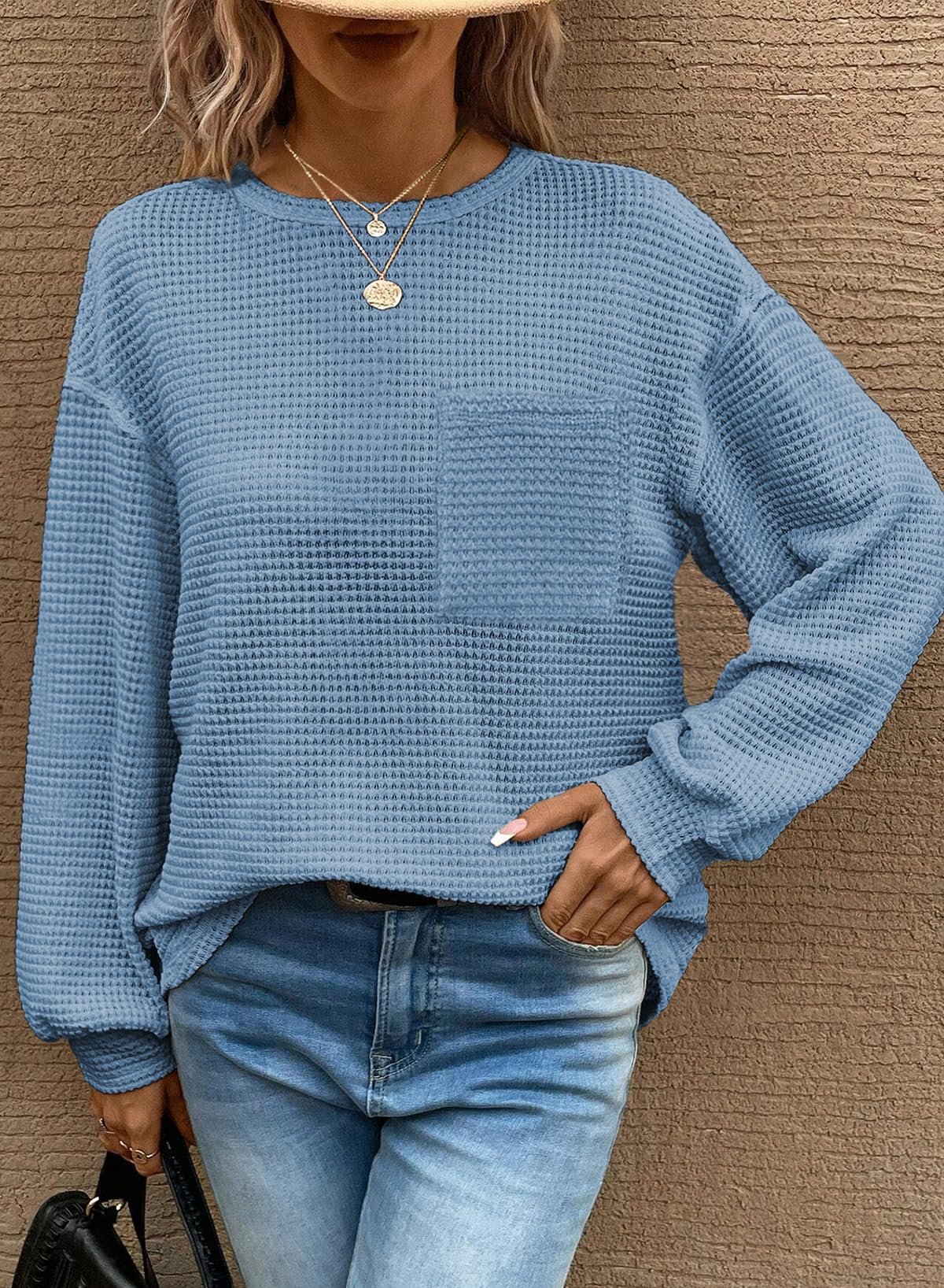 Women's Long Sleeve Waffle Crewneck Top Dusk Blue Size XX-Large