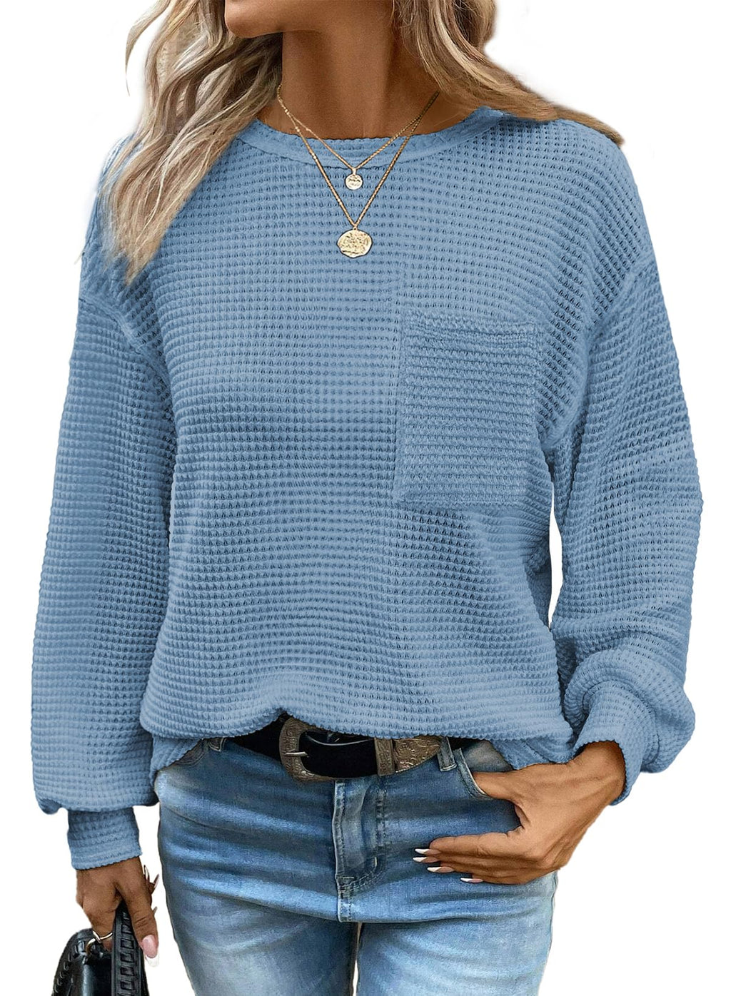 Women's Long Sleeve Waffle Crewneck Top Dusk Blue Size XX-Large