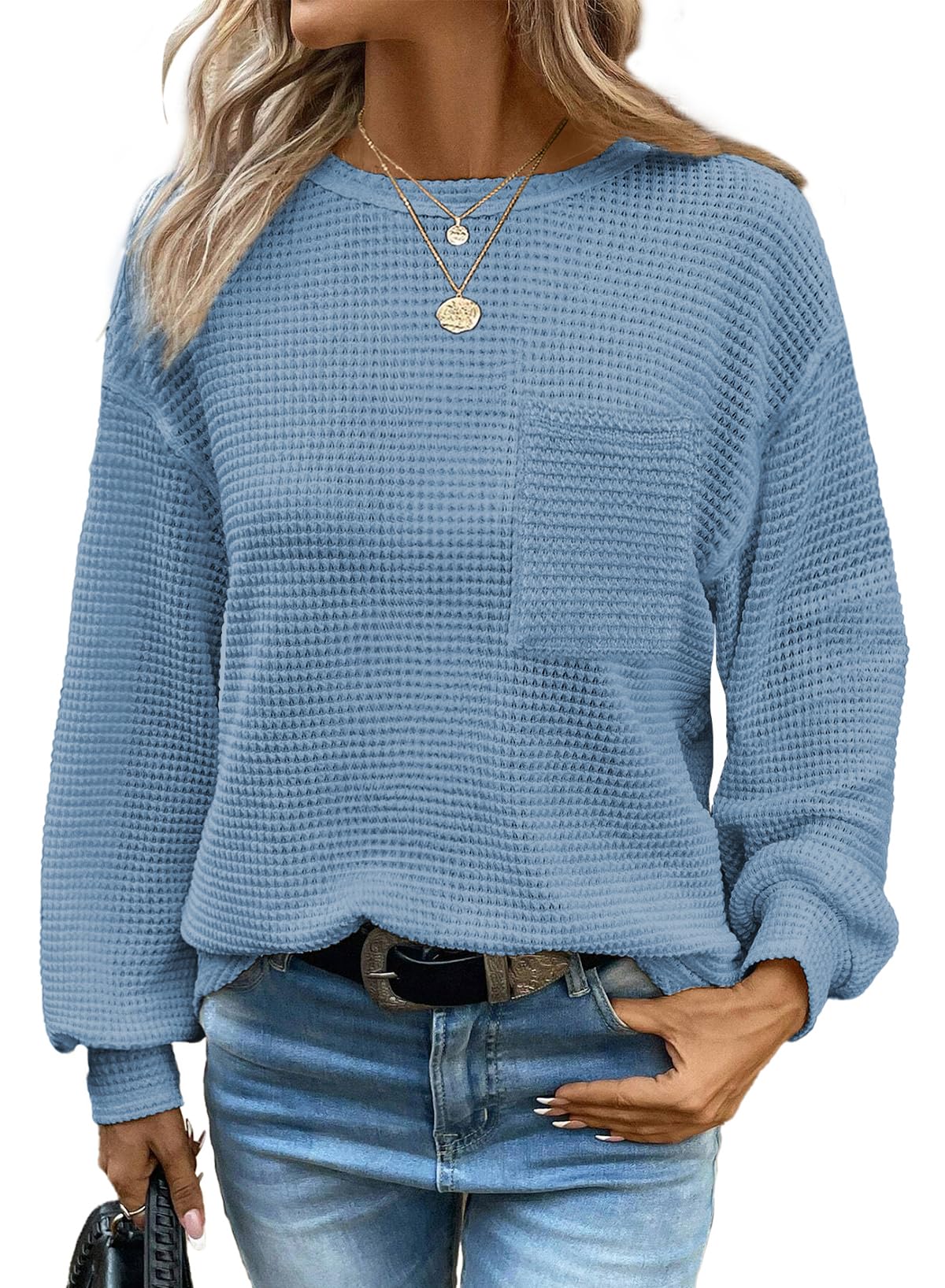 Women's Long Sleeve Waffle Crewneck Top Dusk Blue Size XX-Large