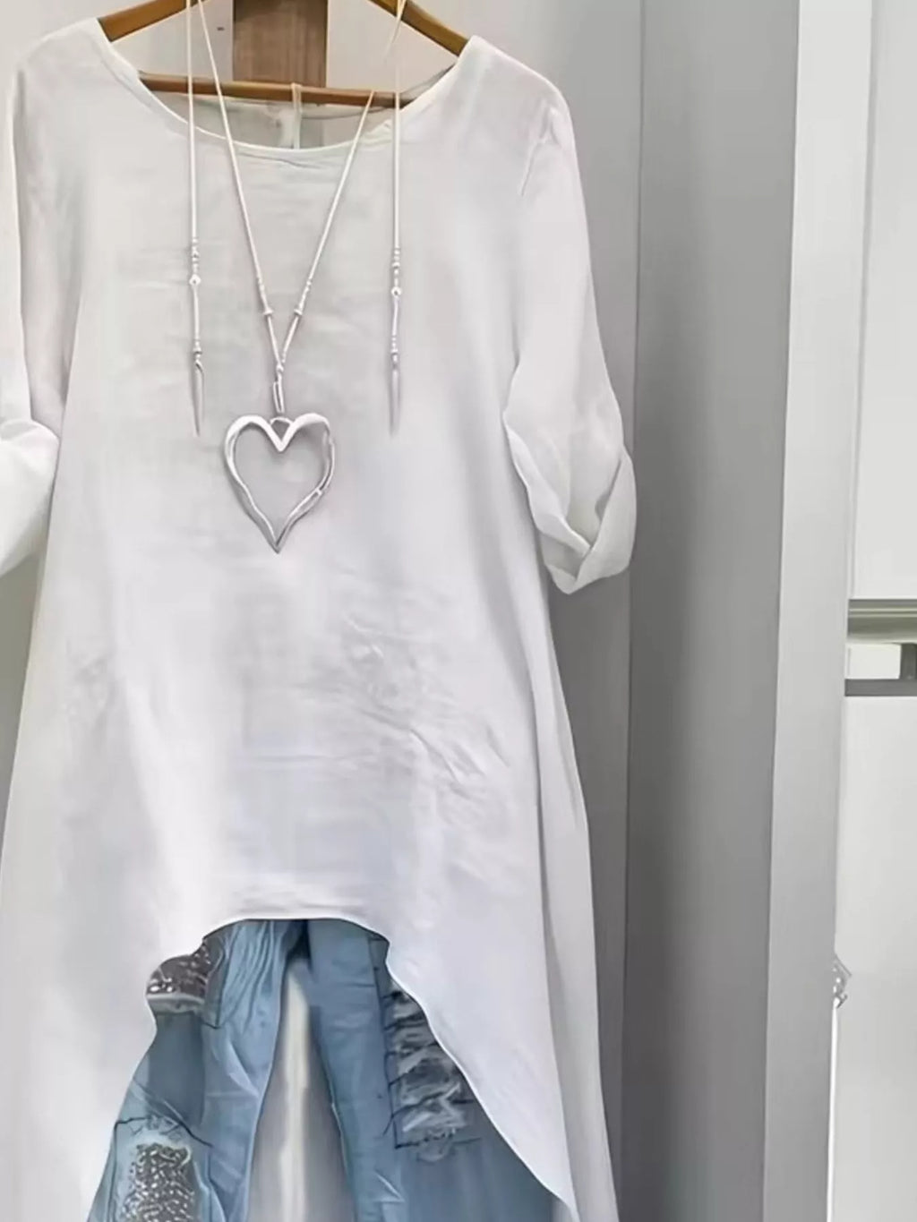 High-Low Hem Roll-Up Sleeves Blouse