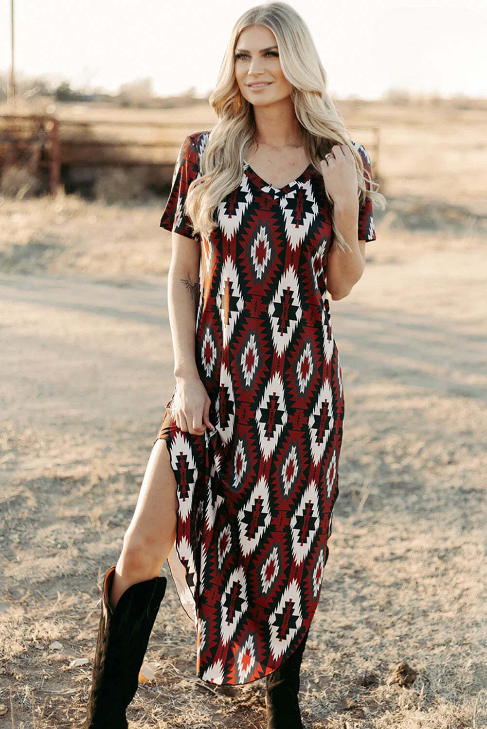 Red Western Aztec Printed Long T-shirt Dress