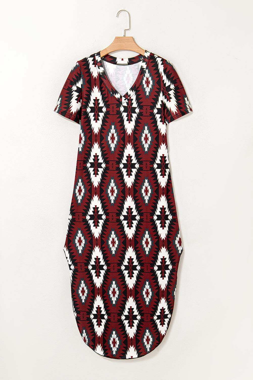 Red Western Aztec Printed Long T-shirt Dress
