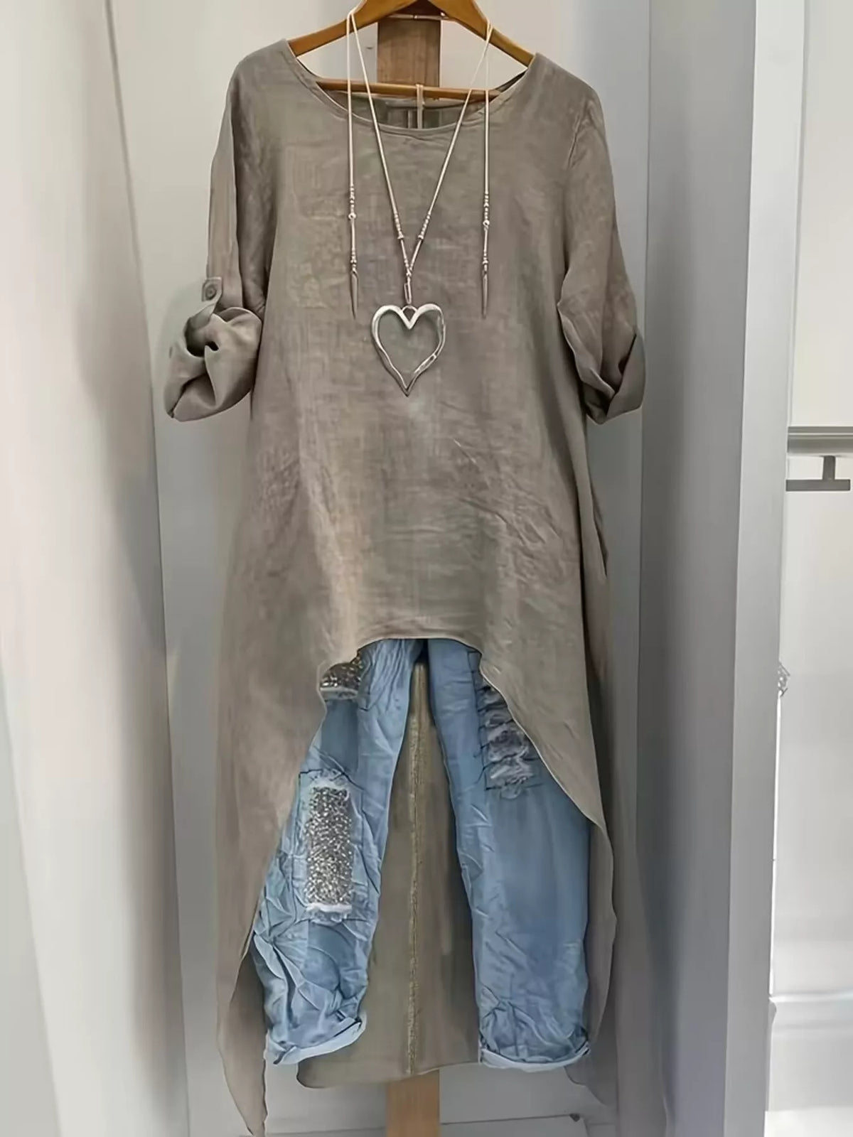 High-Low Hem Roll-Up Sleeves Blouse