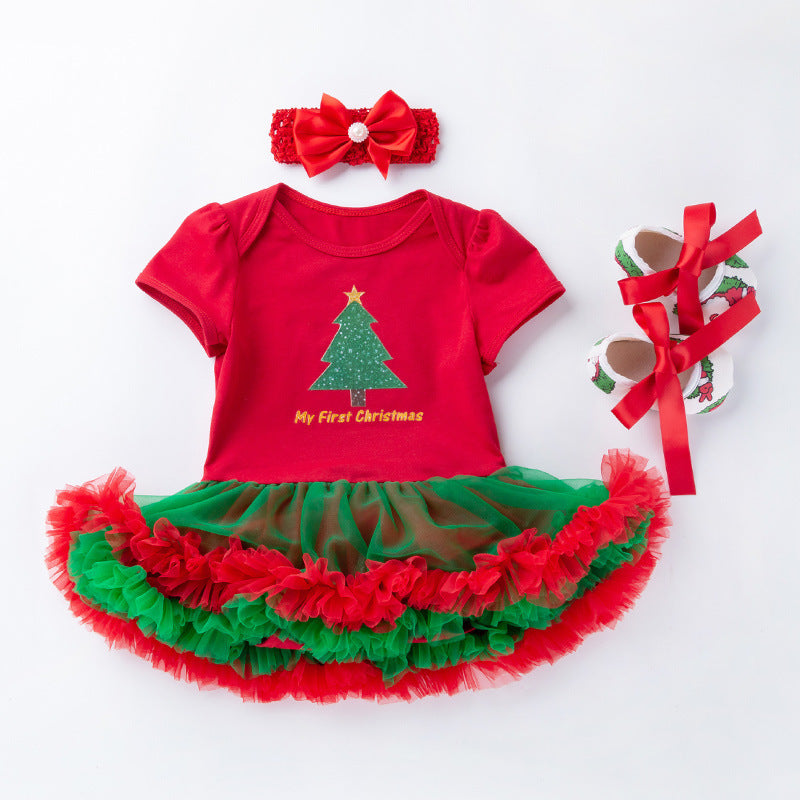 Baby Christmas New Short Sleeve Cartoon Mesh Dress