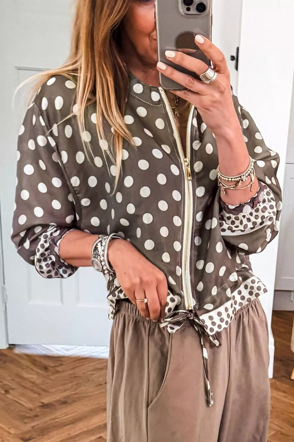 Polka Dot Contrast Detail Zip-Up Long Sleeve Shacket