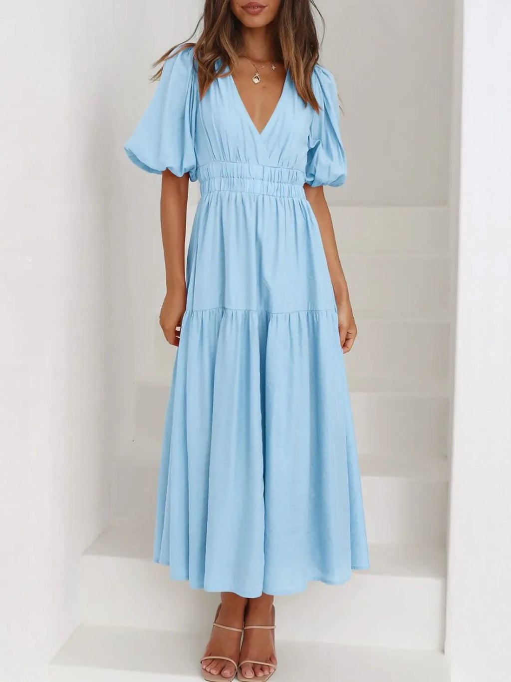 V-Neck Puff Sleeve Midi Dress