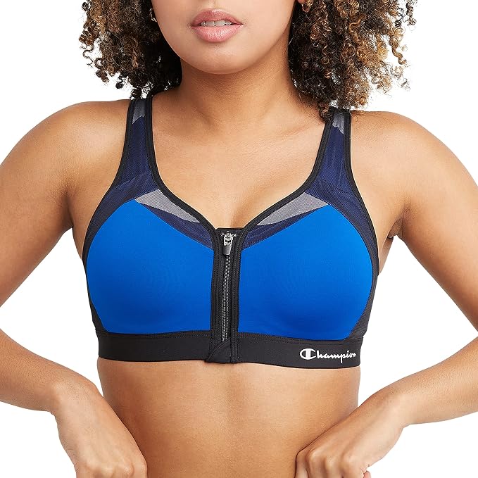 Champion Women's Sports Bra, Motion Control Front-Zip, High-Impact Maximum Support, Breathable, Moisture-Wicking, Surf The Web, 38D