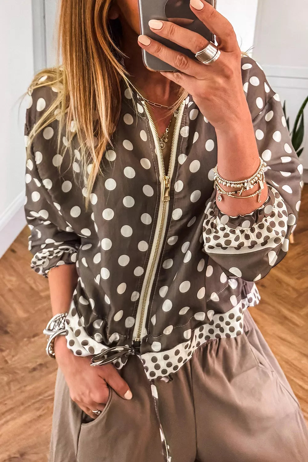 Polka Dot Contrast Detail Zip-Up Long Sleeve Shacket