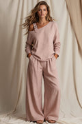 Women's One-Shoulder Buckle-Strap Long-Sleeve Linen Blend Top & Wide-Leg Palazzo Trouser Set