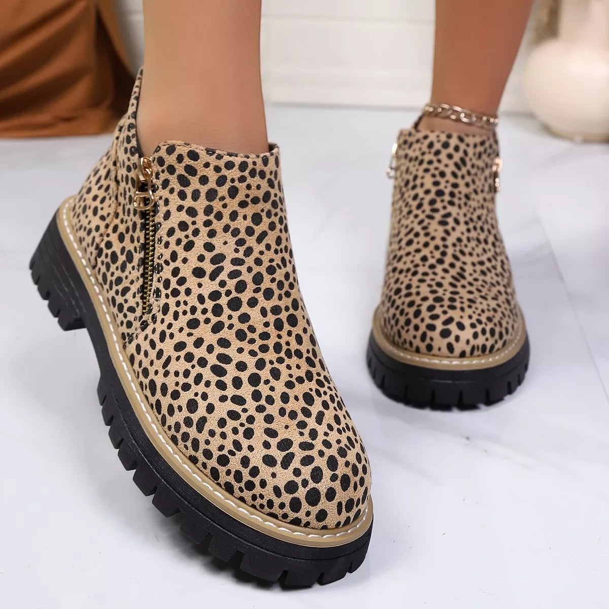 Leopard Print Ankle Boots with Zipper