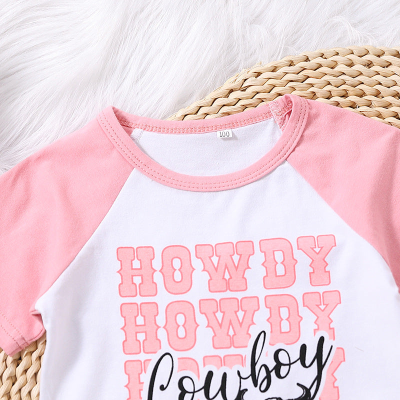Children Girls' Contrast Color Letter Denim Printing Suit
