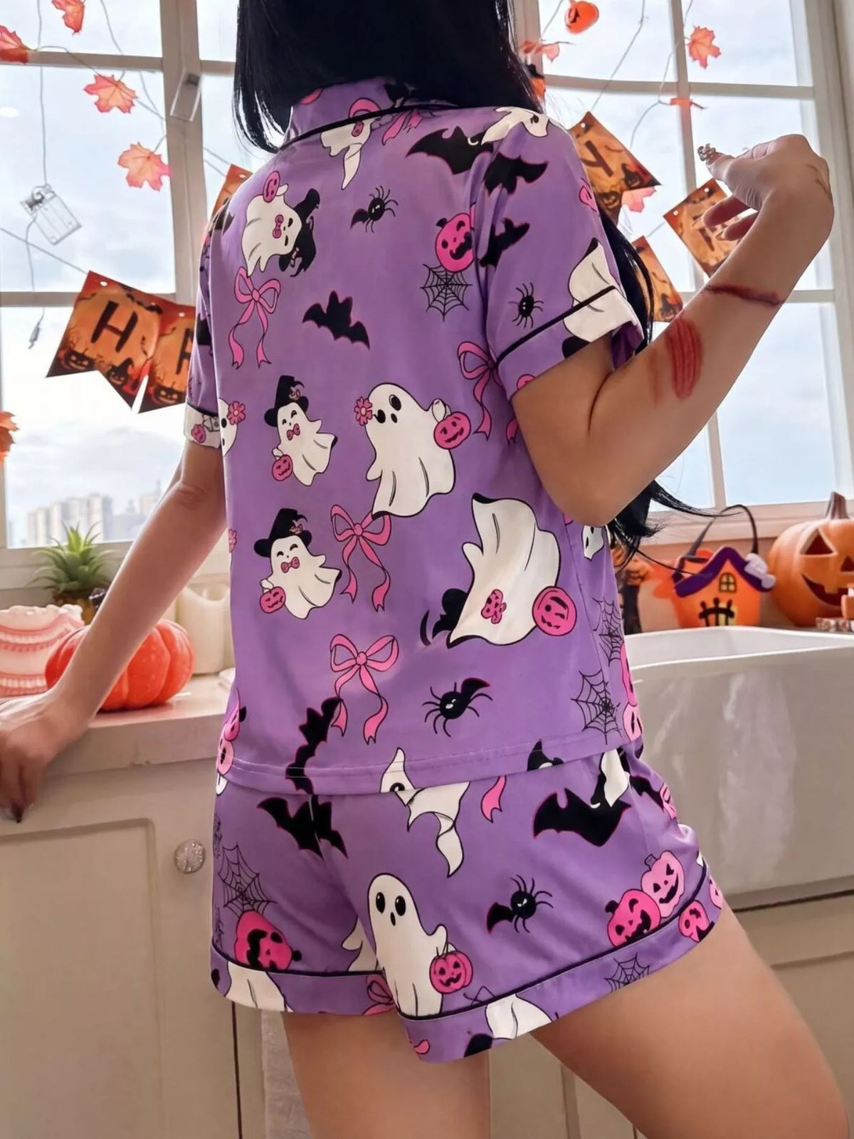 Halloween Ghost Print Button-Down Top and Shorts Lounge Set