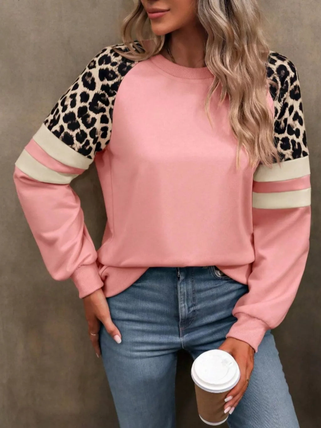 Leopard Raglan Sleeve Striped Sweatshirt
