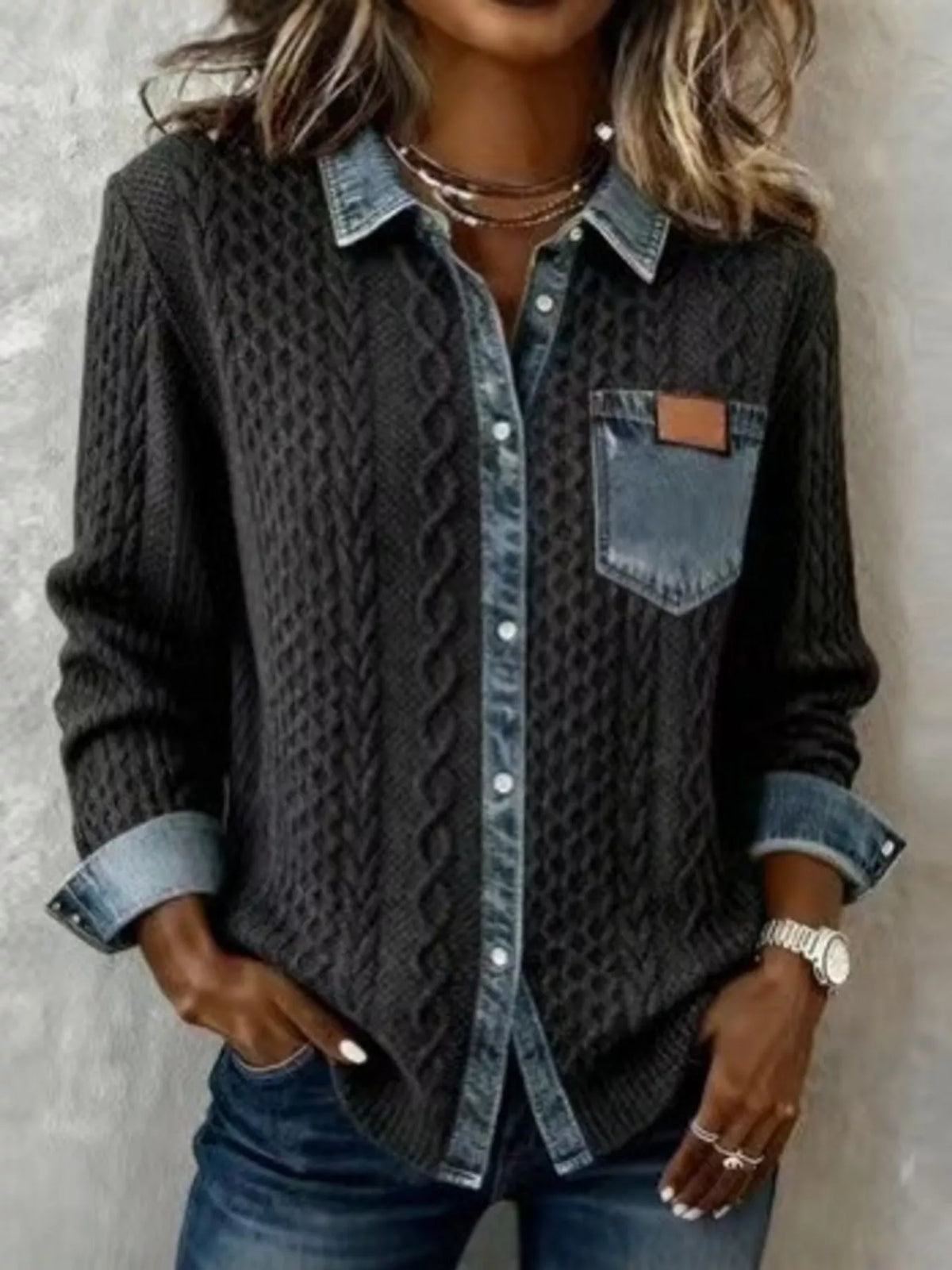 Denim Trim Cable Knit Cardigan