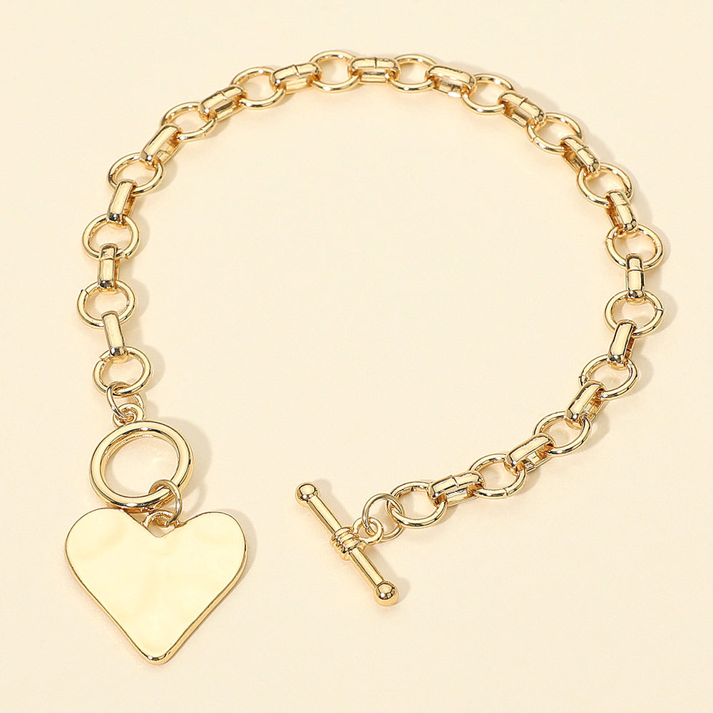 Hammered Metal Heart Charm Chain Link Toggle Bracelet