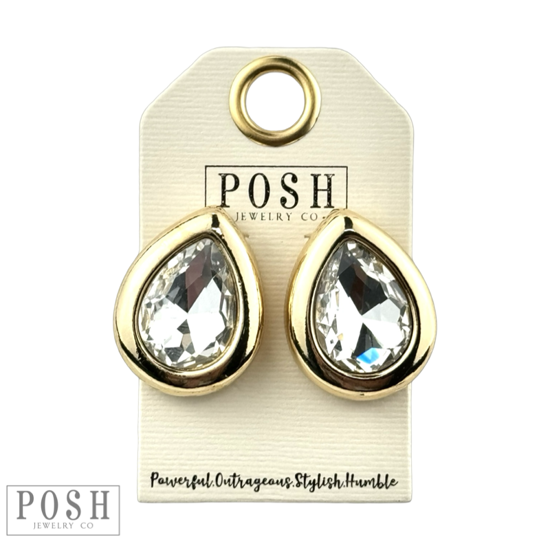 Metal tone rimmed rhinestone teardrop earring