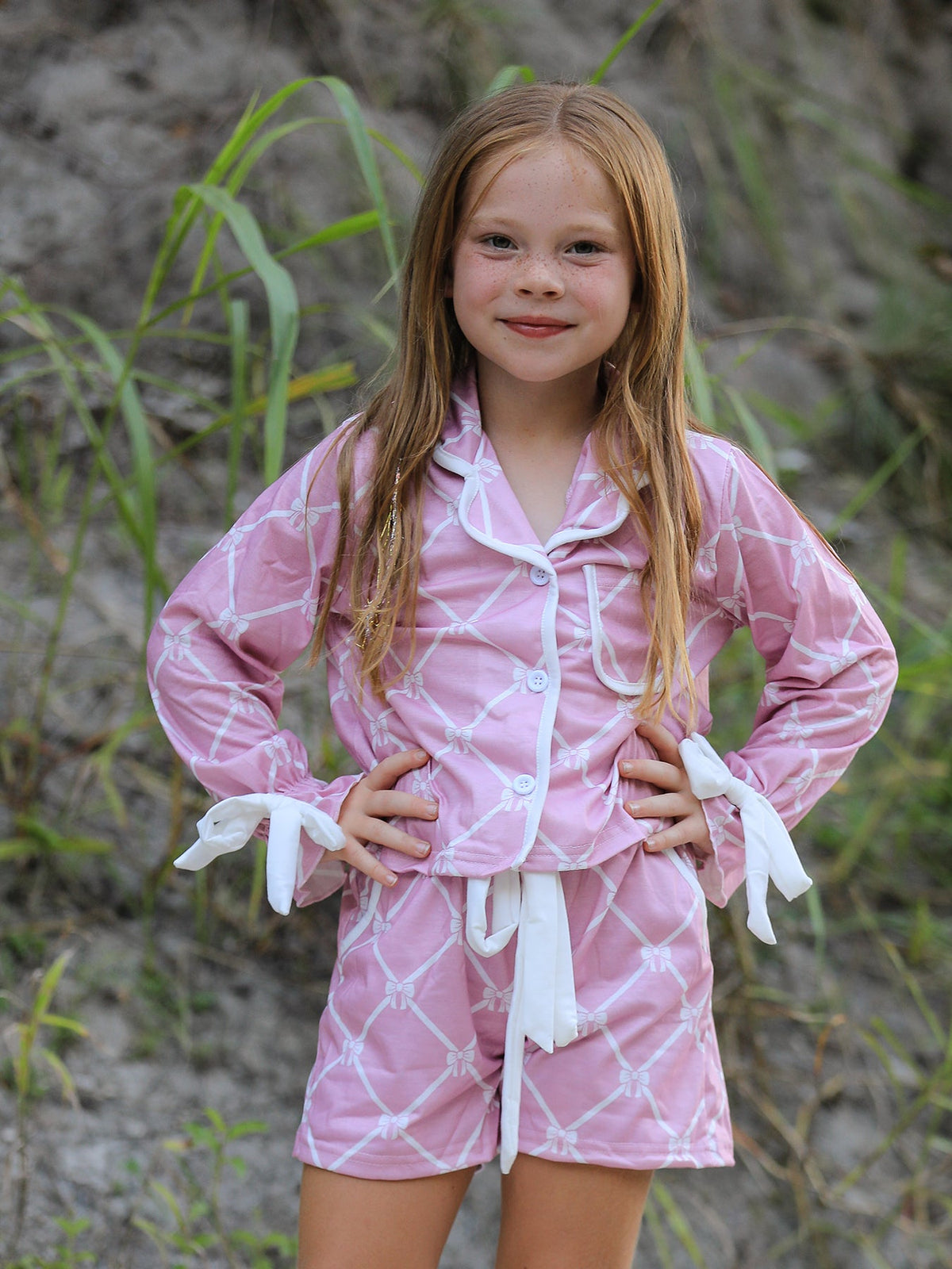 Mommy & me Autumn Check Bow Girls Lapel Pajamas