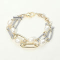 14K Gold Plated Two Tone Mixed Chain Pearl Link Layered Bracelet