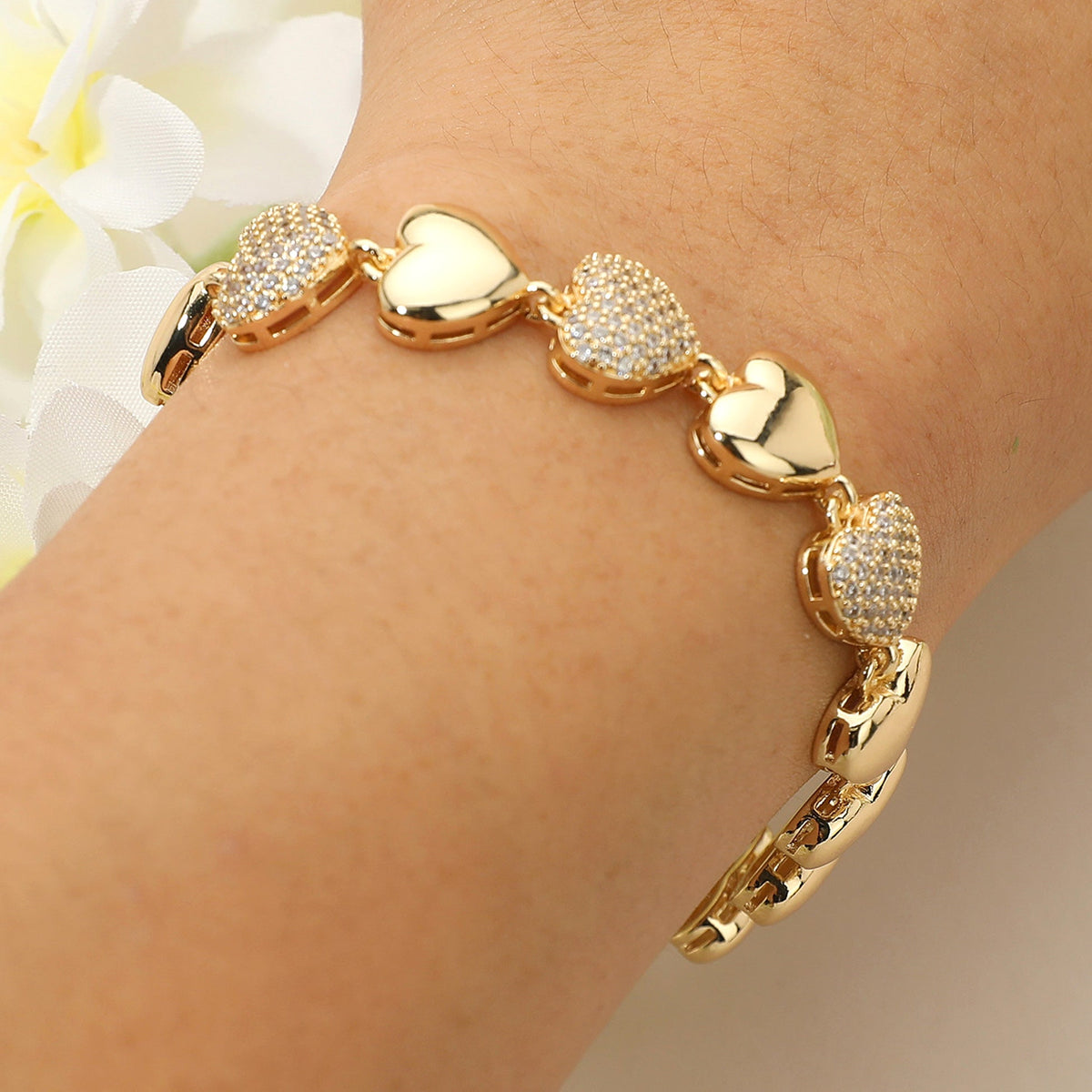 CZ Stone Paved Heart Link Bracelet