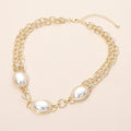 Oval Pearl Cabochon Link Layered Chain Necklace