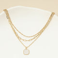 18K Gold Dipped Square Pendant Accent Mixed Paperclip Chain Layered Necklace