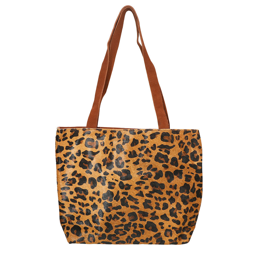Genuine Calf Hair Leopard Pattern Print Shoulder Tote Bag