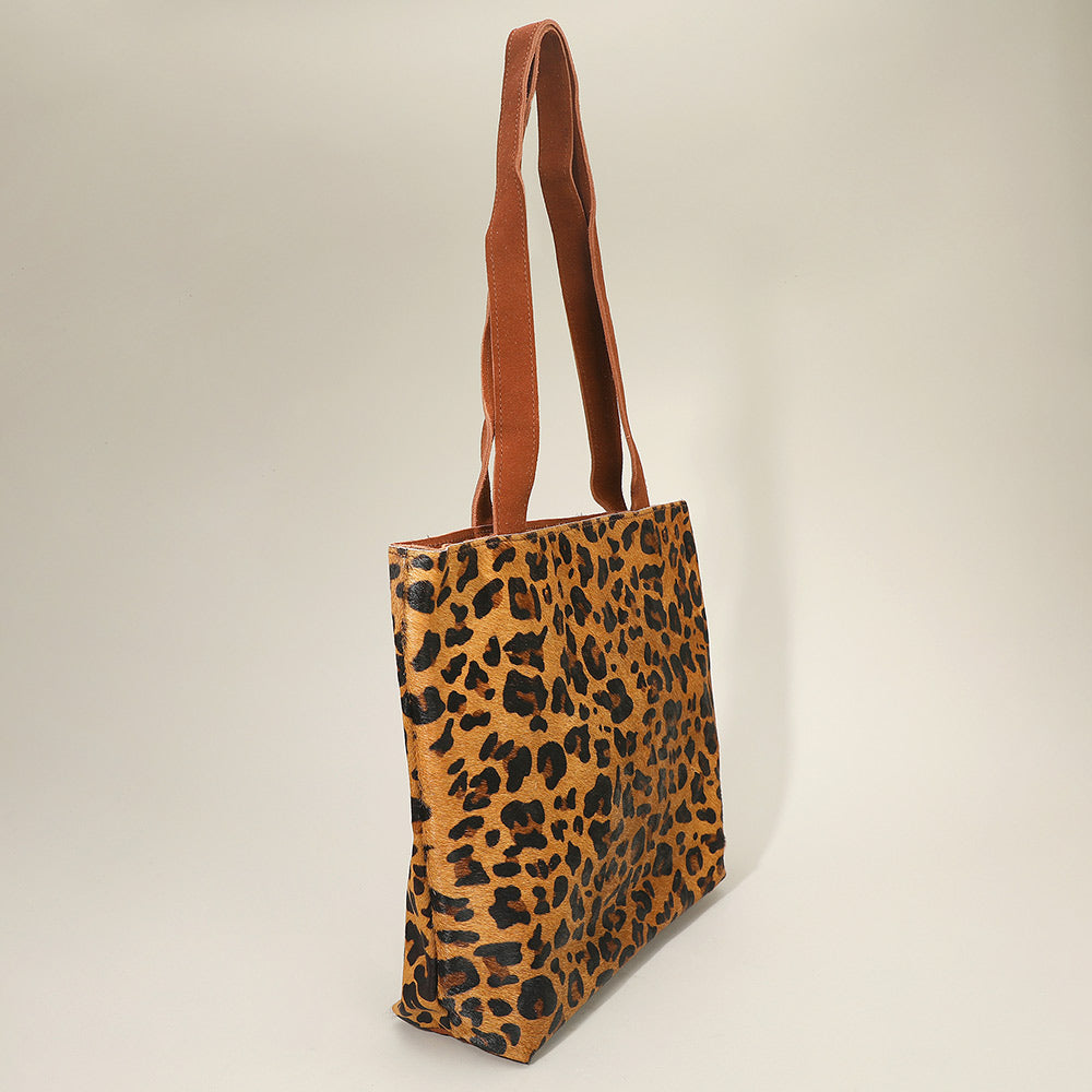 Genuine Calf Hair Leopard Pattern Print Shoulder Tote Bag