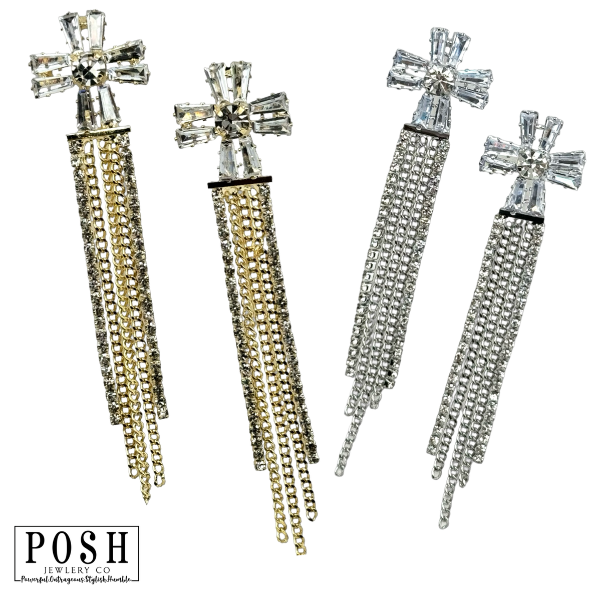 Rhinestone cross, fringe earring